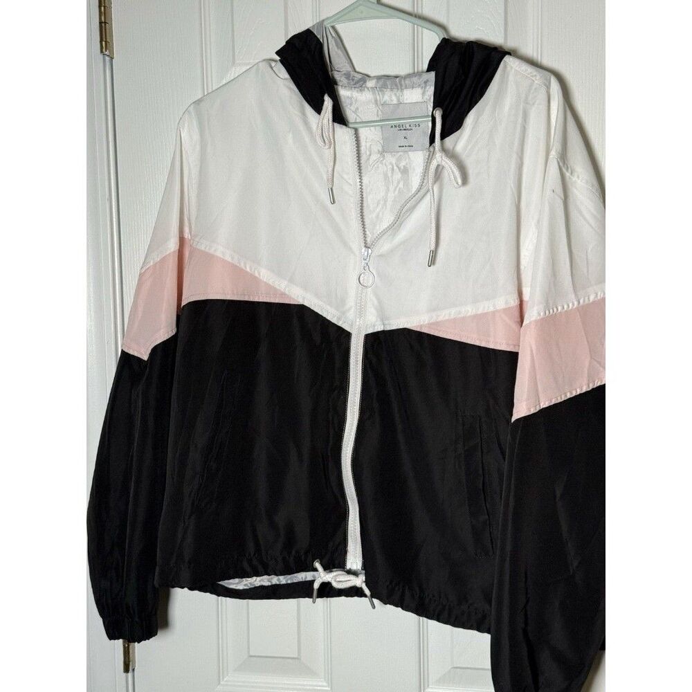 Angel Kiss Womens Colorblock Windbreaker Jacket Hooded Zip Up Black Pink XL